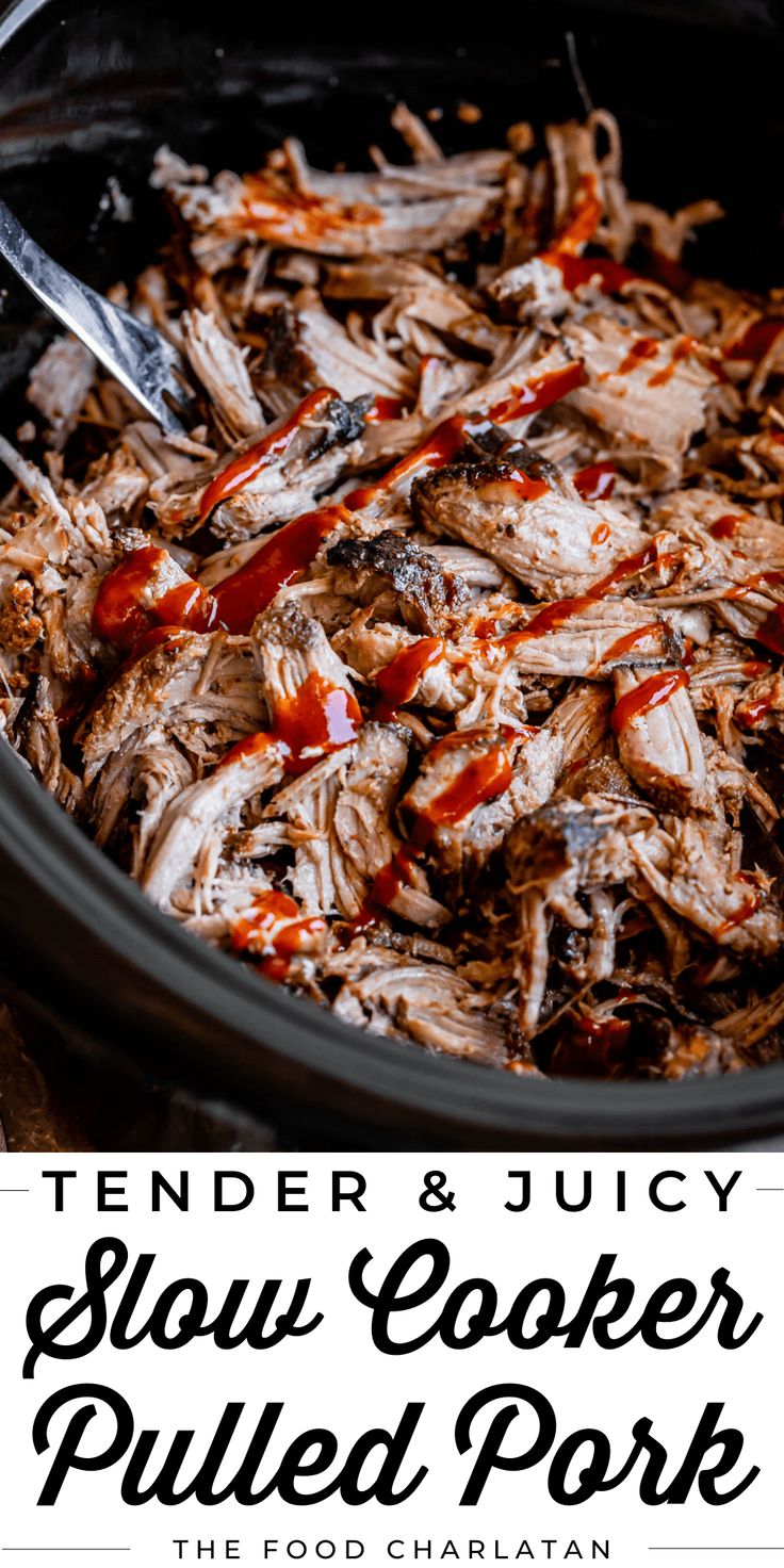 tender and juicy slow cooker pulled pork recipe in the crock pot with text overlay