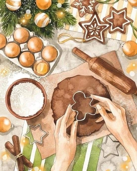 two hands are decorating a cookie on a table with christmas decorations and baking utensils