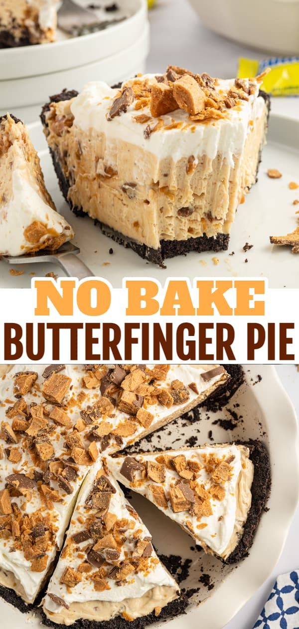 no bake butterfingering pie on a plate with the remaining slice cut out