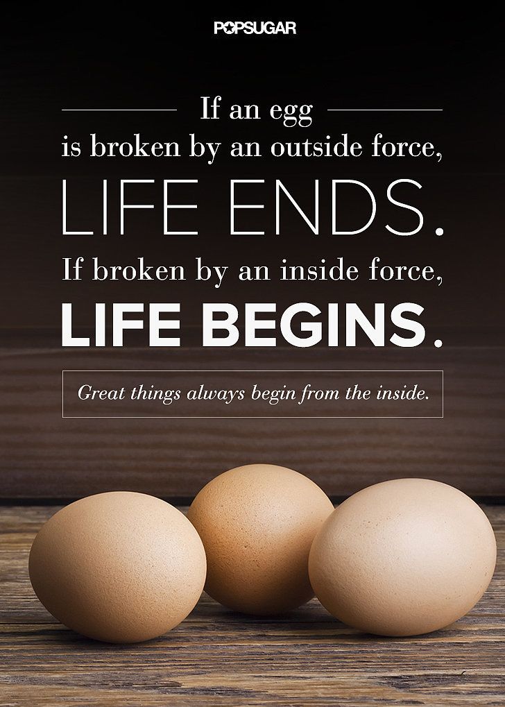 three eggs sitting next to each other on top of a wooden table with a quote about life ends