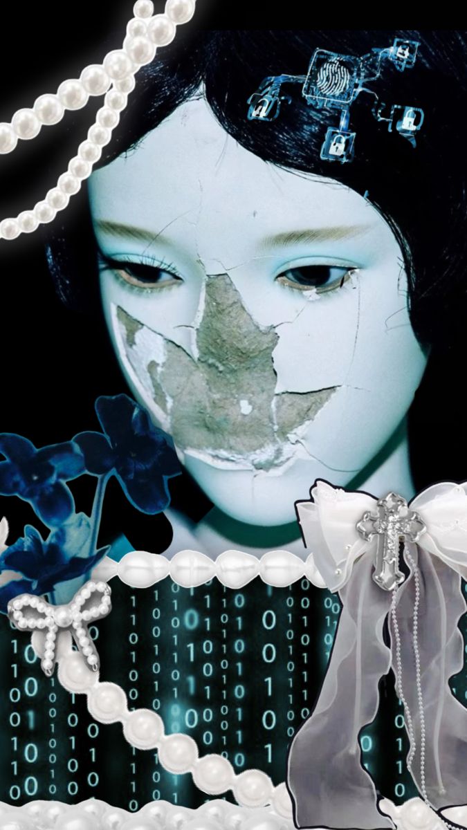 a woman's face is covered in white frosting and surrounded by blue flowers