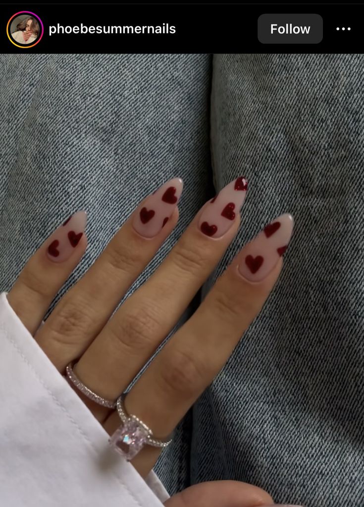 Almond Acrylic Nails Heart Design, Dark Red Heart Nails, Dark Red Nails With Heart Design, Burgundy Nails Heart, Heart Pattern Nails, Red Heart Nail Designs, Red French Tip Nails Almond With Heart, Heart Accent Nail, Nail Designs Heart