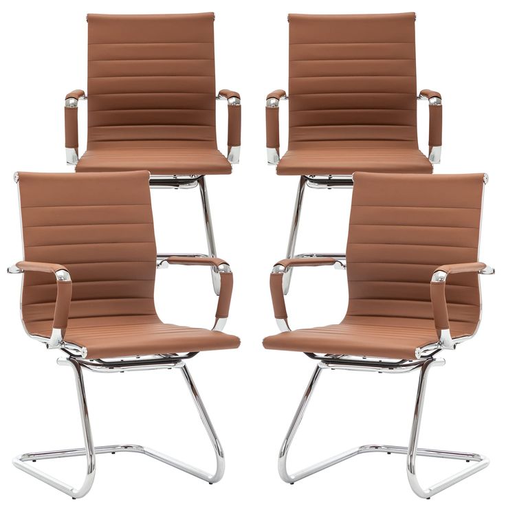 four brown office chairs with chrome legs and armrests, all facing different directions