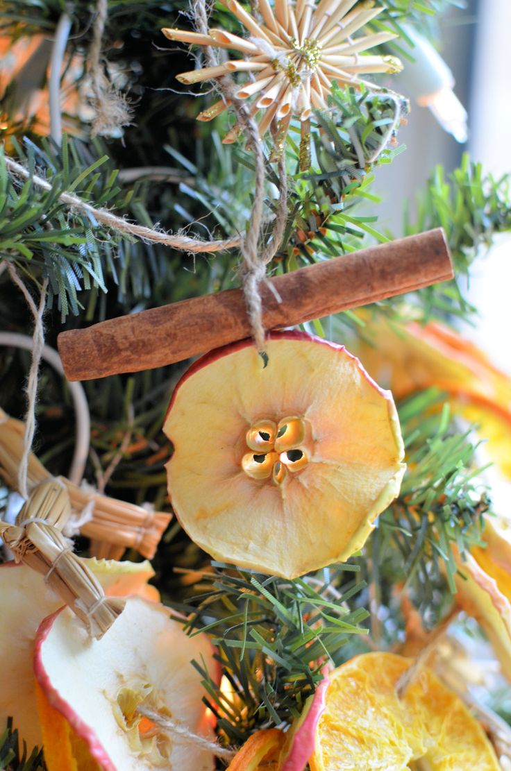 an apple and cinnamon stick hanging from a christmas tree