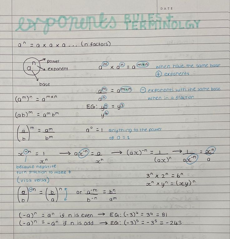 an exercise sheet with the formulas and notations for exponent's theory