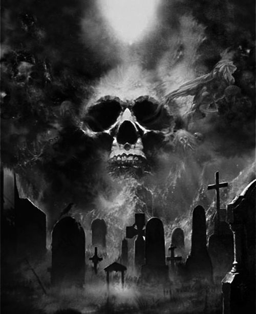 a black and white image of a skull in the middle of a graveyard with tombstones