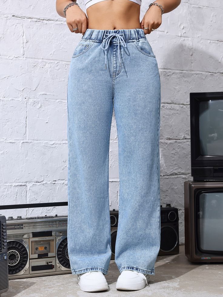 F00279875-102 Long Pants Fashion, High Waist Jumpsuit, Denim Pattern, Casual Wide Leg Pants, Denim Patterns, Loose Fabric, Blue Trousers, Elastic Waist Pants, Jeans For Women