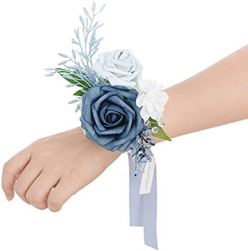 a wrist corsage with blue and white flowers