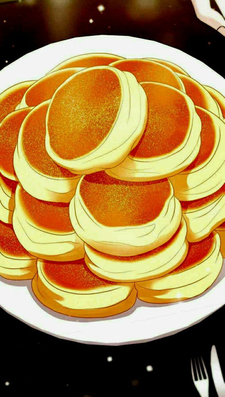 pancakes on a plate with forks and knifes next to it, all stacked up