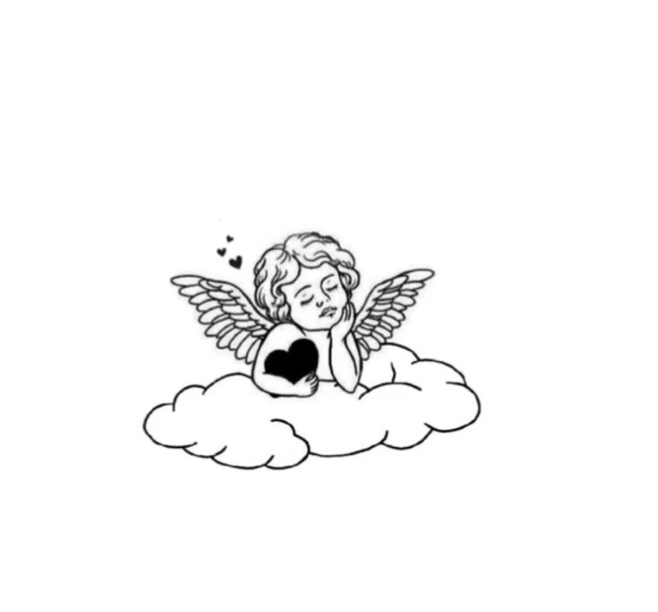 an angel sitting on top of a cloud with a heart in its mouth and wings