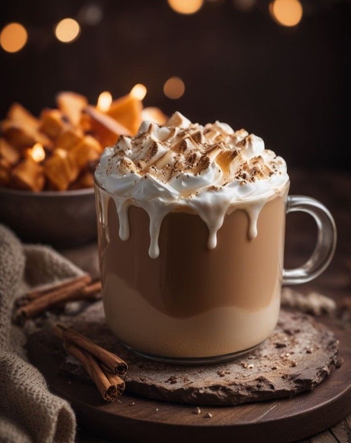 there is a cup of hot chocolate with whipped cream on top and cinnamon sticks in the background