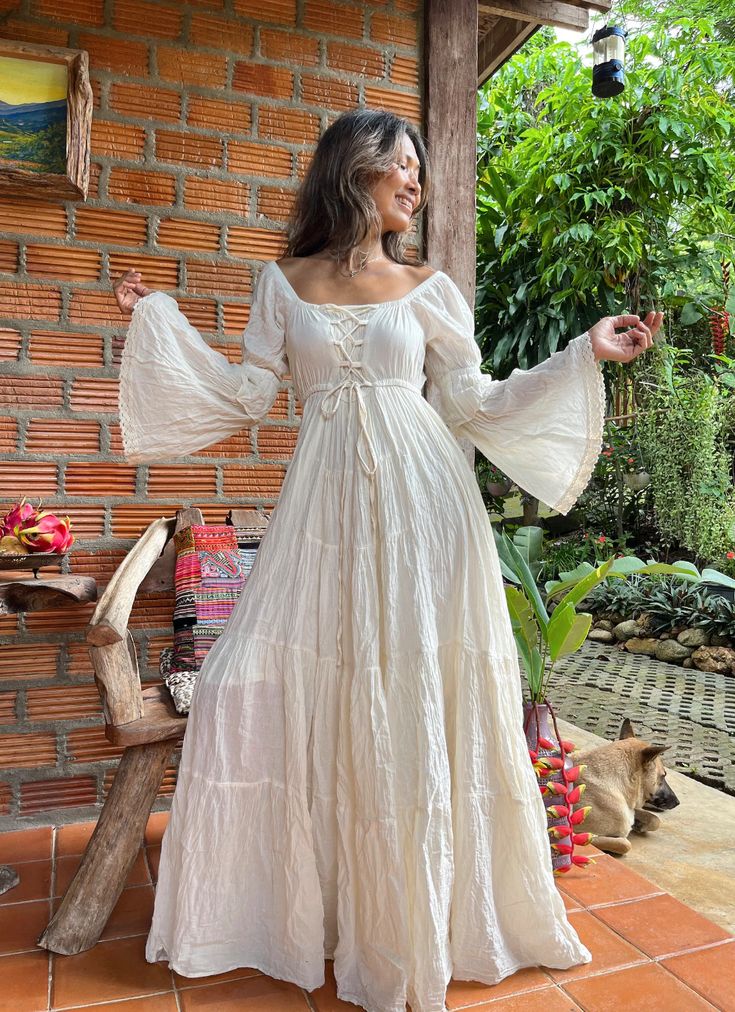 Handmade Smocked Boho off Shoulder Dress/beach Maxi Dress/bohemian White Wedding Dress/romantic White Maxi Dress/wide Sleeve Wedding Dress. - Etsy Flowy Bohemian Dresses, Maxi Wedding Dress, Cotton Wedding Dresses, Boho Layering, Angel Sleeves, Maxi Dress Wedding, Long Sleeve Maxi, Bohemian Dress, Flowy Dress