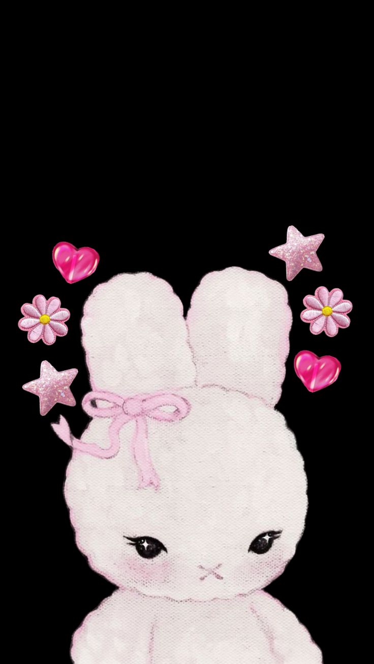 a drawing of a white rabbit with pink flowers on its head and ears, sitting in front of a black background