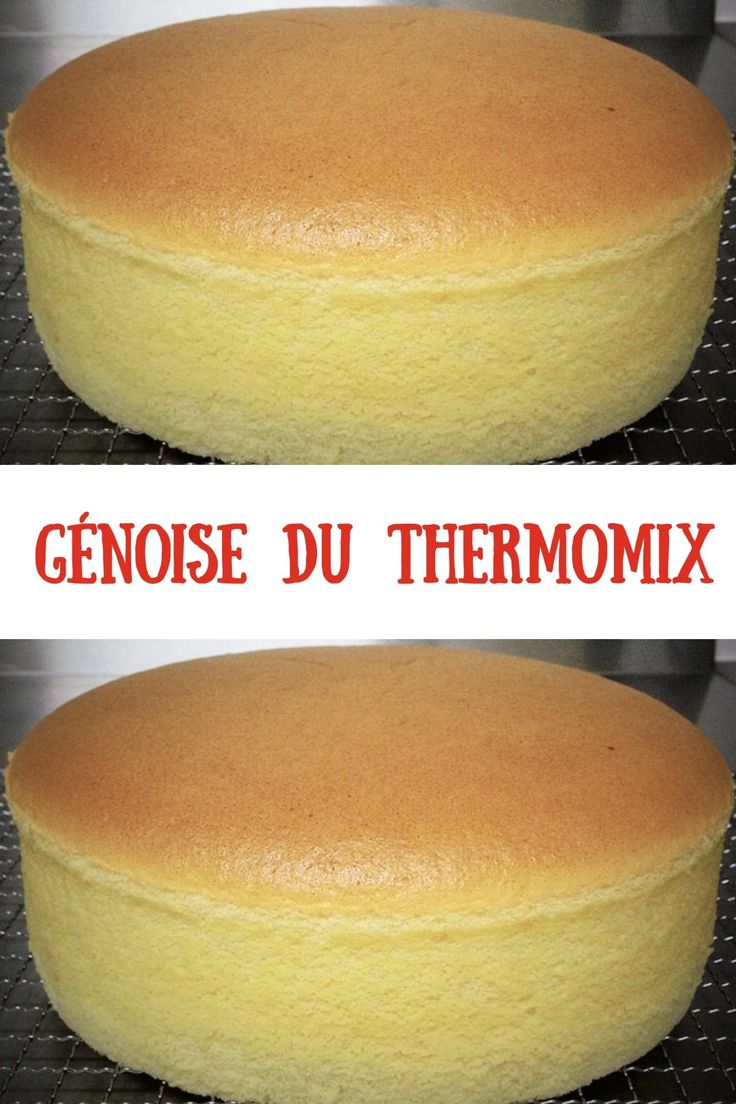 two images of a round cake on a cooling rack with the words genose du thermomix