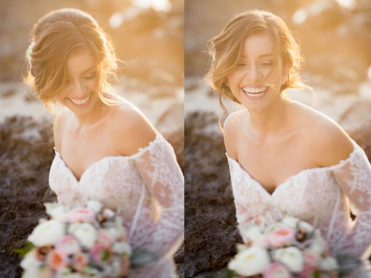 two pictures of a woman smiling and holding a bouquet