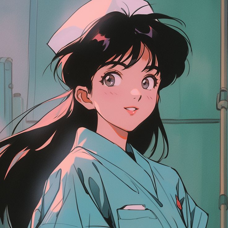 an anime character with long black hair wearing a nurse's uniform