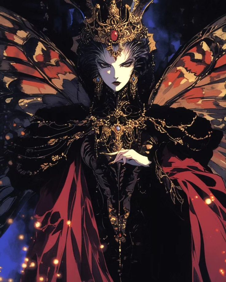 a woman dressed in black and red is standing with her hands on her hips while wearing an elaborately designed costume