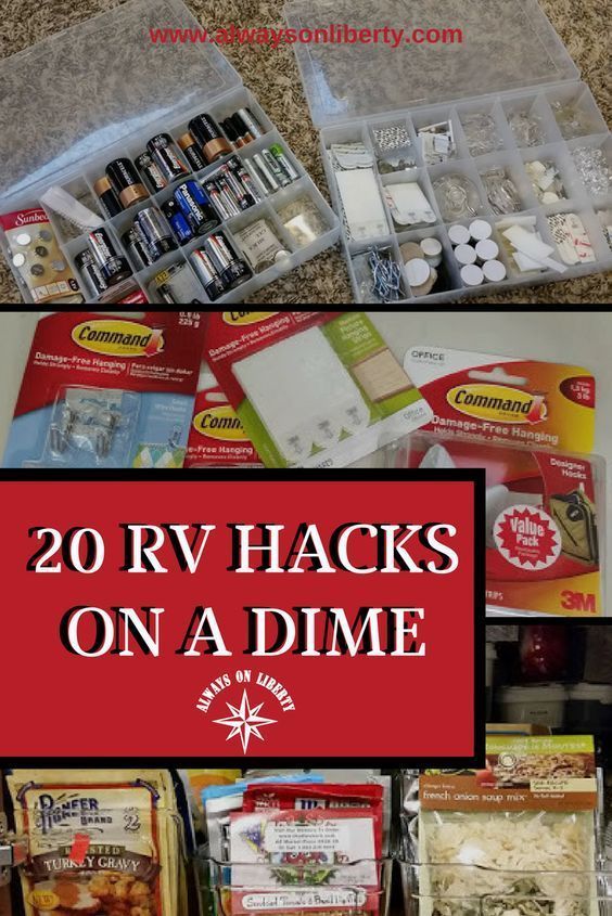 the contents of an rv are shown in this collage with text that reads 20 rv hacks on a dime