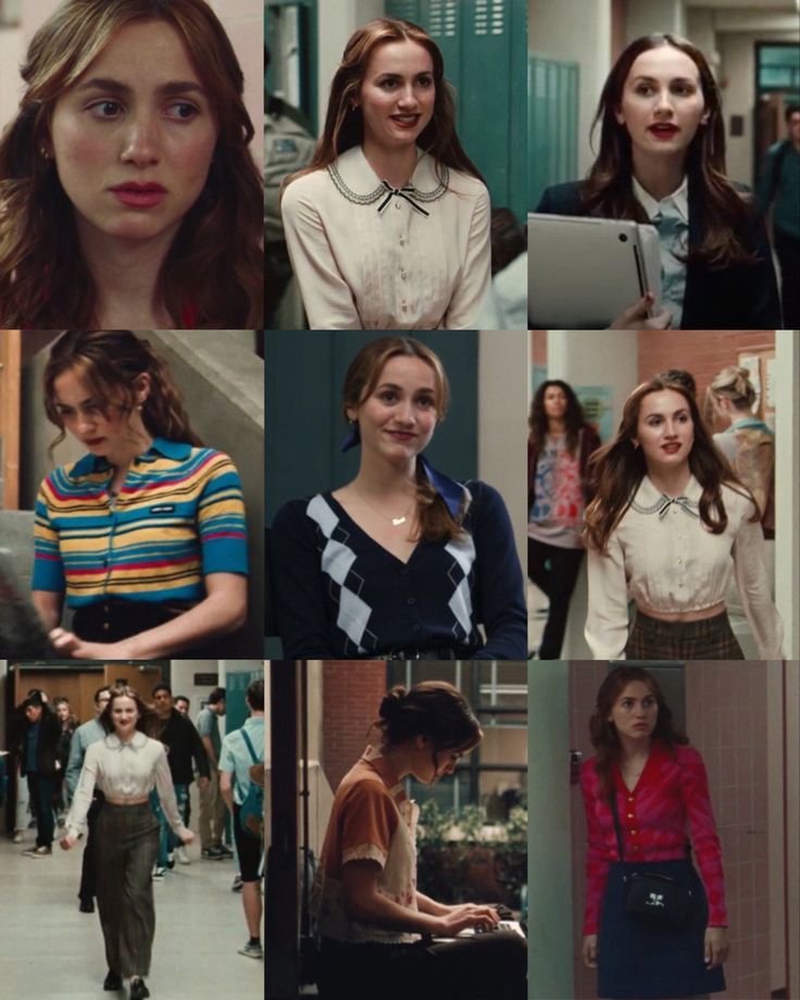 many different pictures of women in sweaters and skirts, including one with a laptop