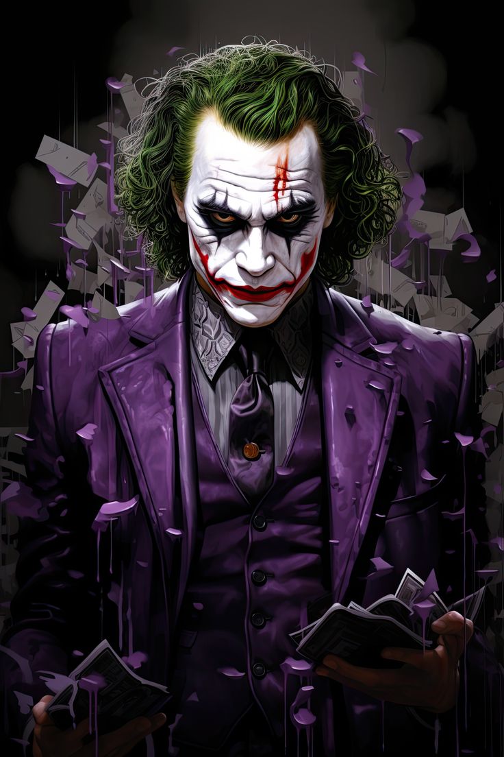 the joker is holding his money in one hand and wearing a purple suit with green hair