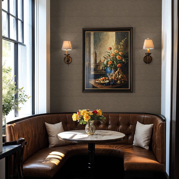 a corner table with flowers in a vase on it next to a brown leather couch