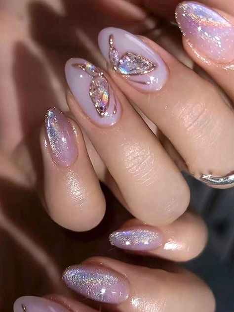 Gel Nails Almond Glitter, Butterfly Nails Glitter, Nail Inspo Butterflies, Colorful Manicure Ideas, Blue And Gold Butterfly Nails, Iridescent Floral Nails, Nail Art With Butterflies, Butterfly 3d Nails, Fairy Wedding Nails