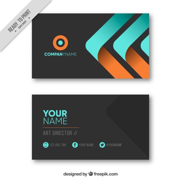 two business cards with an abstract design on the front and back, both in black and orange