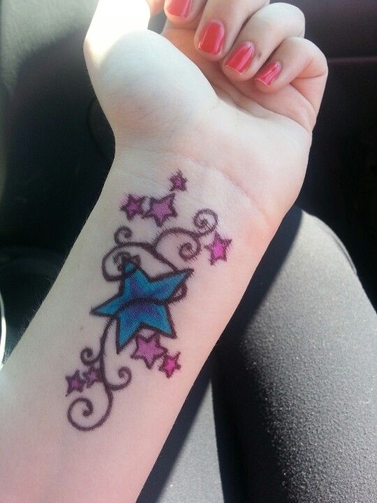 a woman's wrist tattoo with stars on it