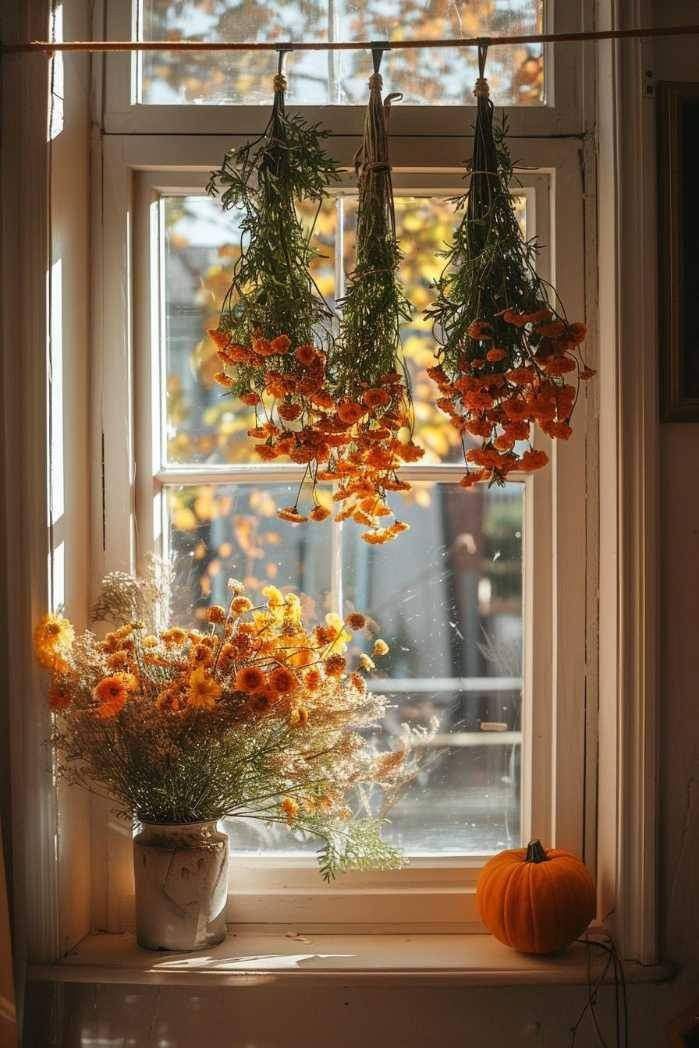 some flowers are hanging from a window sill