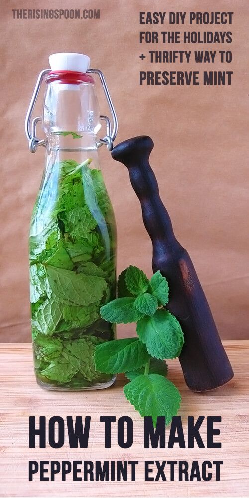 a bottle filled with mint leaves next to a pepper grinder