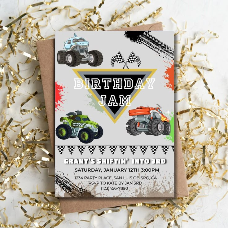 a birthday card with monster trucks on it