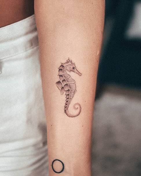 a small sea horse tattoo on the arm