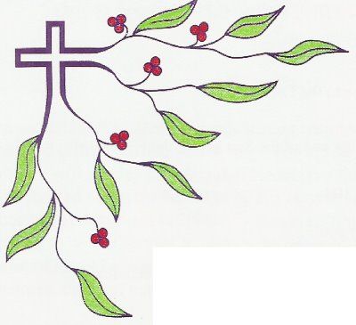 a cross with green leaves and red berries hanging from it's sides, on a white background