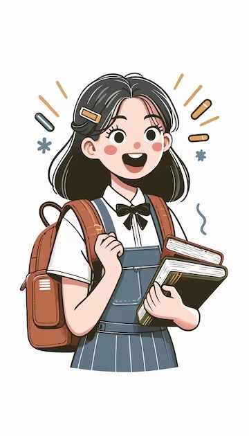 a girl with a book in her hand is smiling and holding a backpack on her shoulder