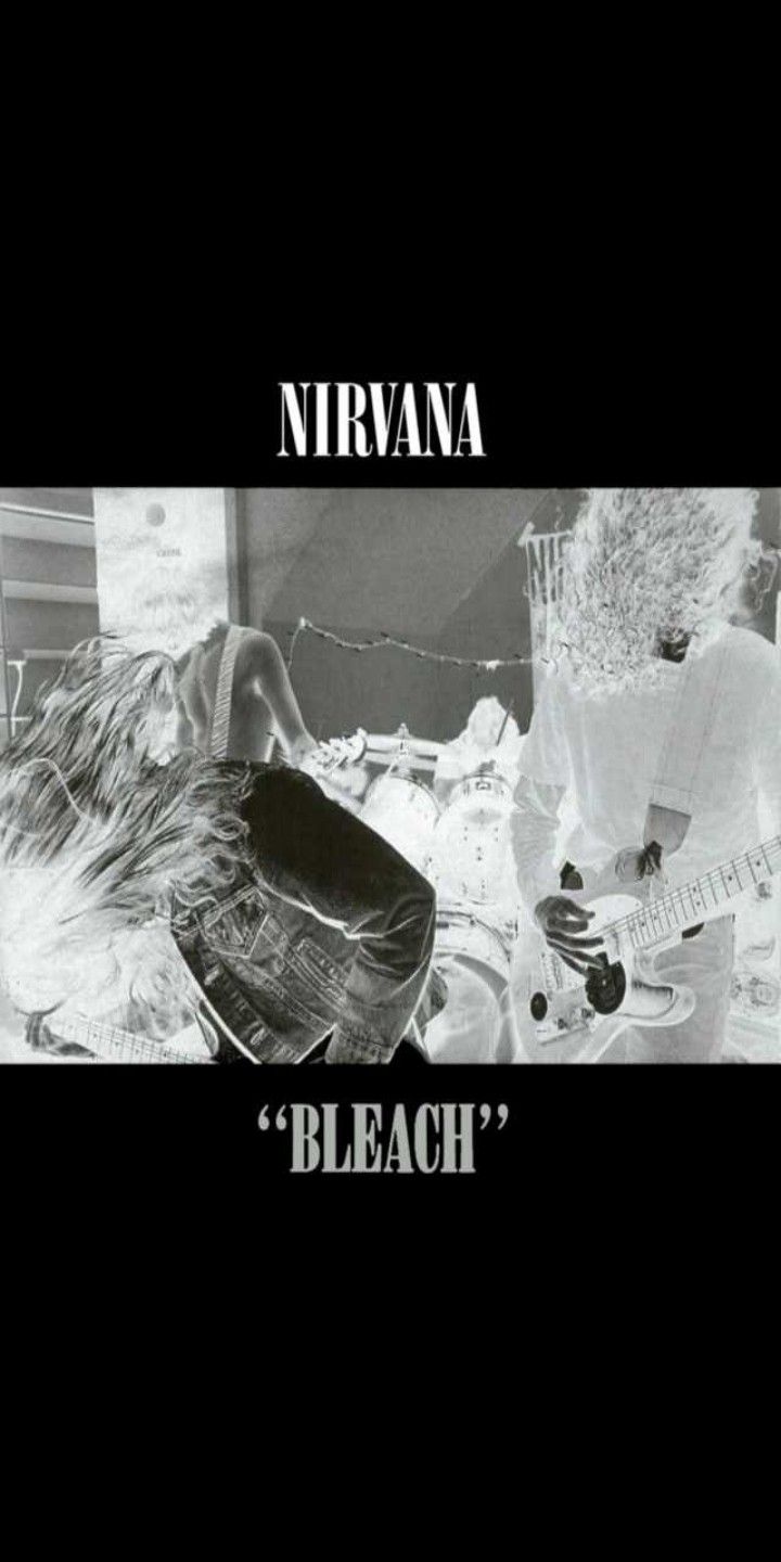 nirvana's bleach album cover is shown in black and white, with an image of a woman playing guitar