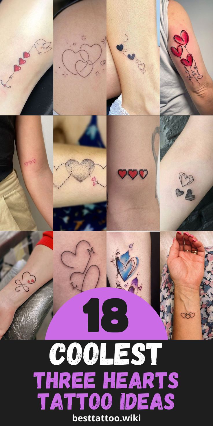 many different tattoos are shown in this collage with the words coolest three hearts tattoo ideas