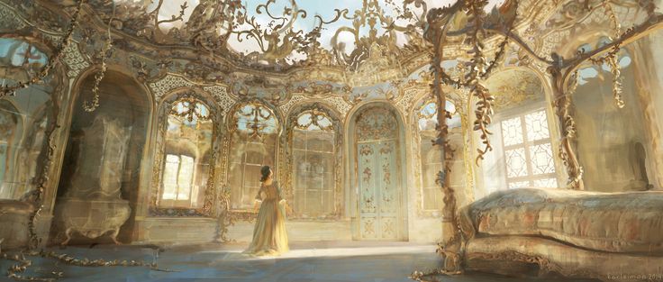 a painting of a woman standing in an ornately decorated room with chandelier