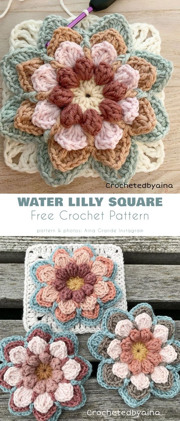 crocheted flower coasters with text that reads water lily square free crochet pattern