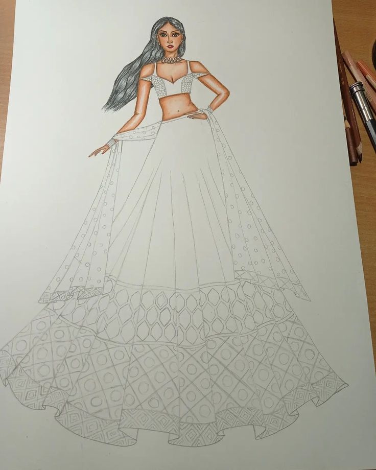 a drawing of a woman in a white dress with her hands on her hips and wearing a bra