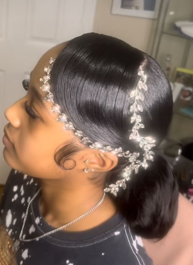 Prom Hairstyles For Black Women With Diamonds, Royal Hairstyles Black Women, Masquerade Hairstyles Black Women, Prom Inspo Black Women, Fancy Black Hairstyles, Ponytail With Gems, Formal Hair Black Women, Elegant Hairstyles Black Women, Prom 2k24