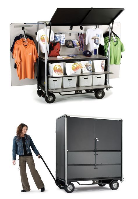 a woman pushing a cart with clothes and t - shirts on it, next to an image of a mobile shop