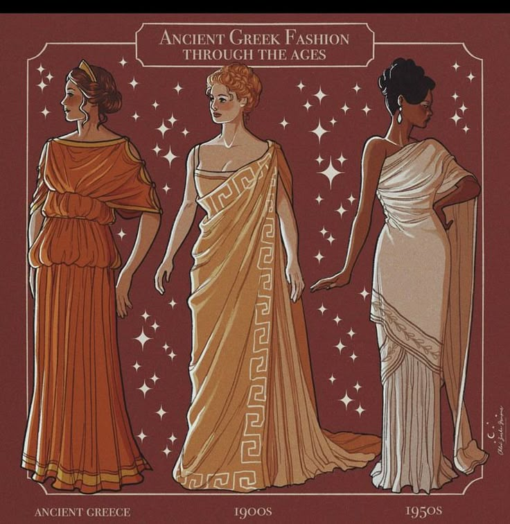 three women in ancient greek fashions, one wearing an orange dress and the other white