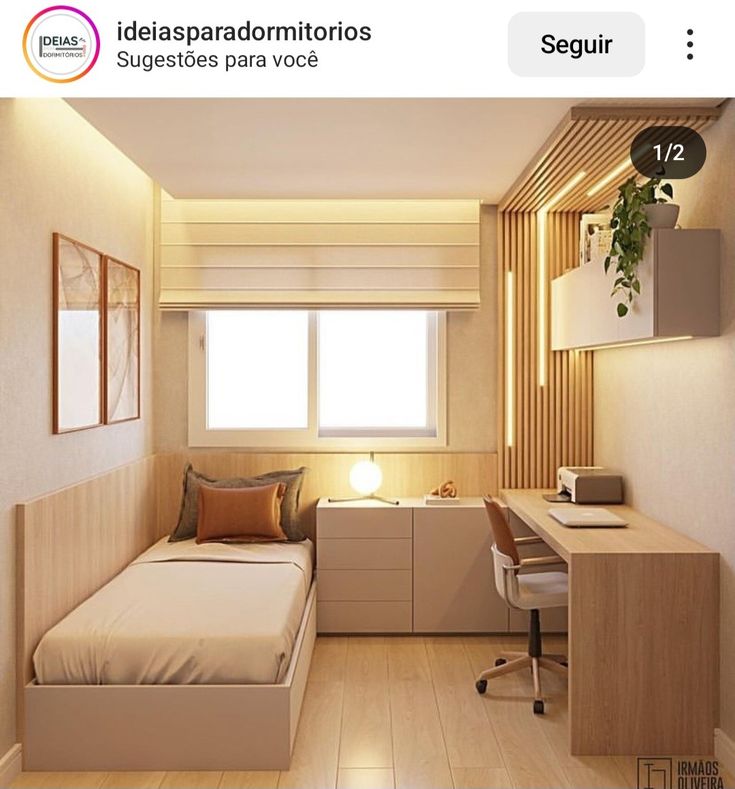 an image of a small bedroom setting with bed and desk in the corner, on instagram