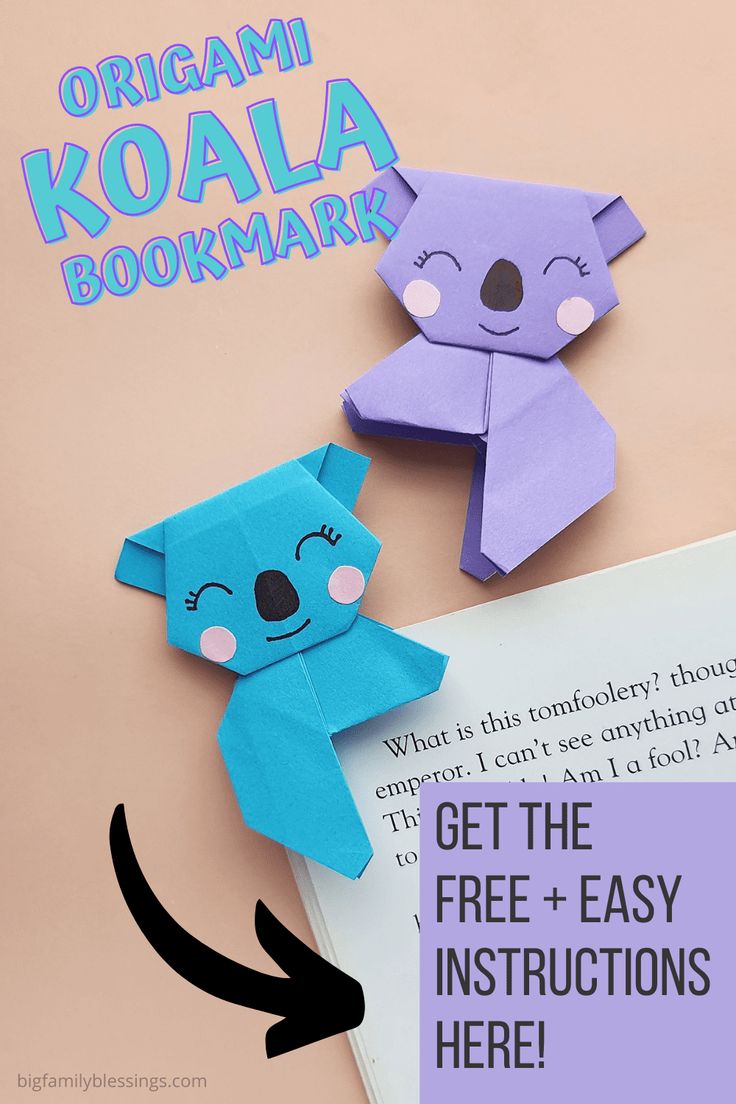 two origami koala bookmarks with the text get the free instructions here