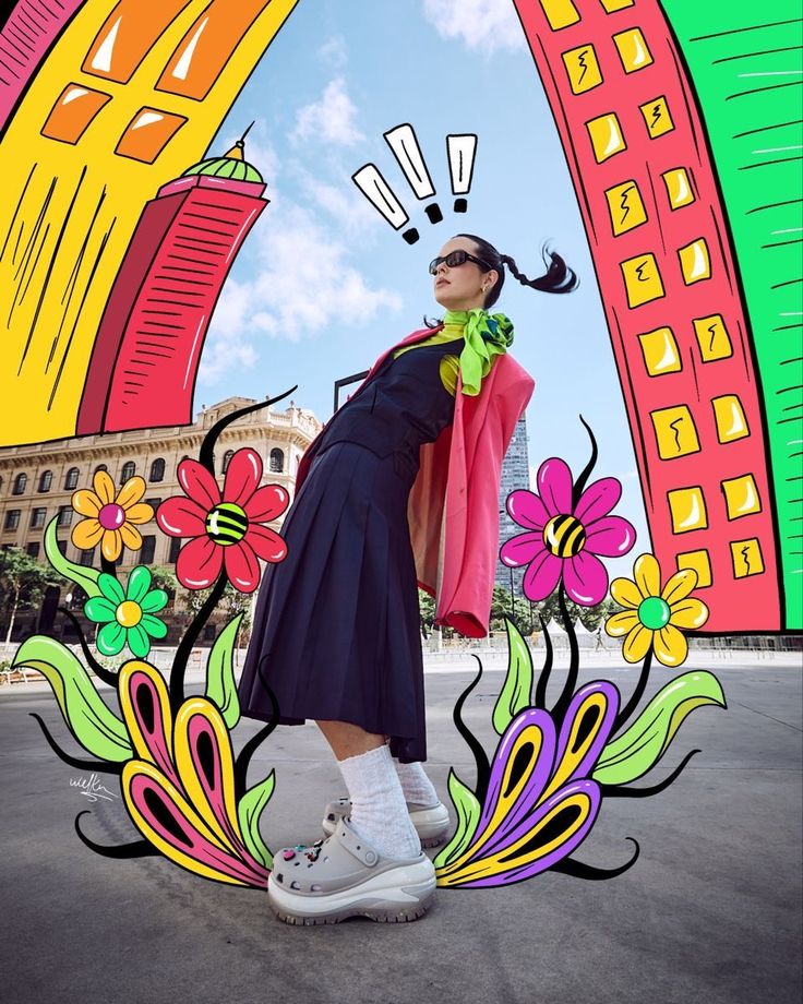 a woman is standing in front of a colorful arch with flowers and birds on it