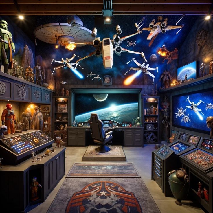 a room filled with lots of different types of toys and decorations on the walls, including star wars memorabilia