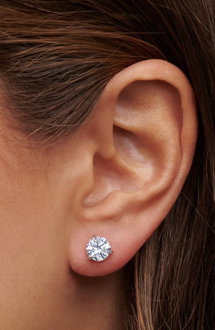 Bring timeless style to your evening look with these brilliant, round-cut diamond earrings designed to fit close to the ear for the illusion of floating gems.  Total diamond weight: 3.00ct. Color: I Clarity: SI2 Platinum/diamond Made in the USA >Diamond Guide Zirconia Stud Earrings, Diamonds Earrings Studs, Diamond Round Earrings, Classy Diamond Earrings, Tiny Diamond Earrings, Simple Wedding Earrings, Round Diamond Stud Earrings, 2025 Goals, Round Cut Diamond Earrings