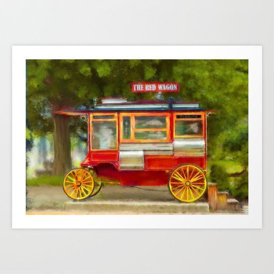 a painting of a red wagon with yellow wheels and the words the red wagon on it