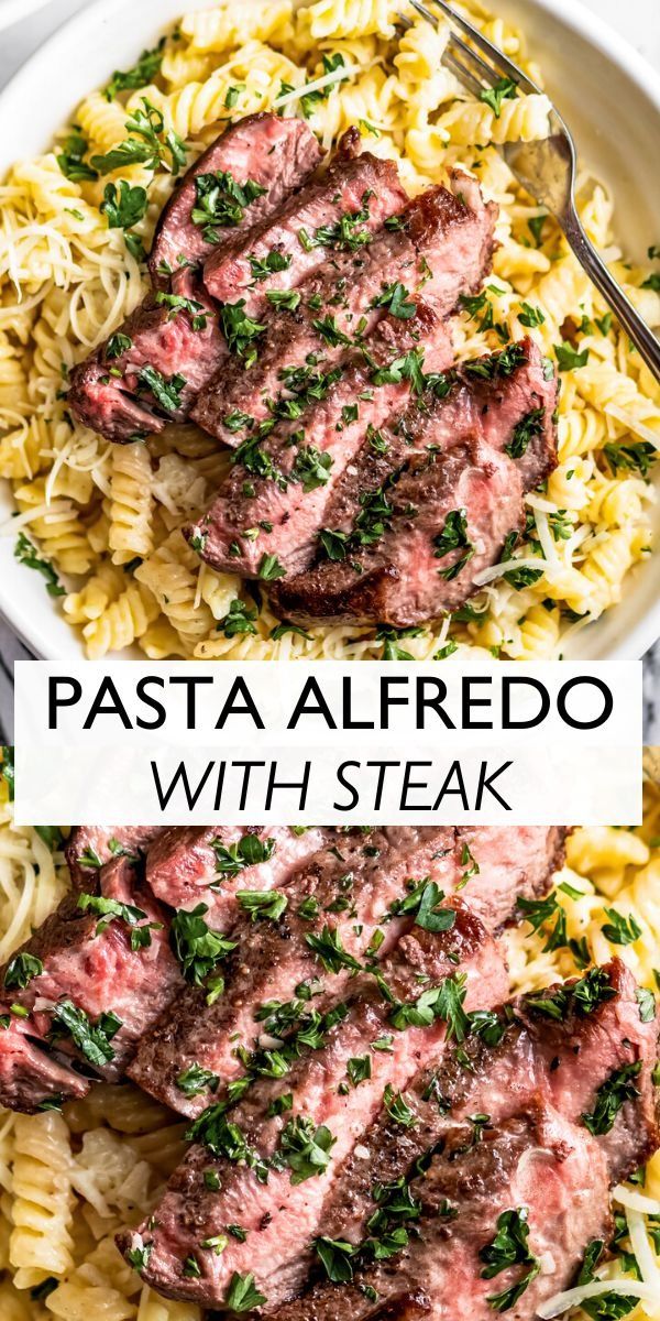 pasta alfredo with steak and parsley on top