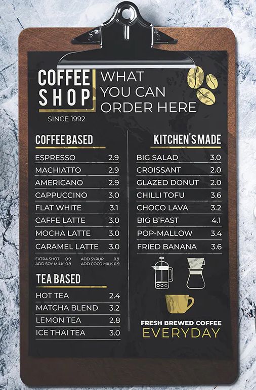 a coffee shop menu on a blackboard with the price list for each item in it